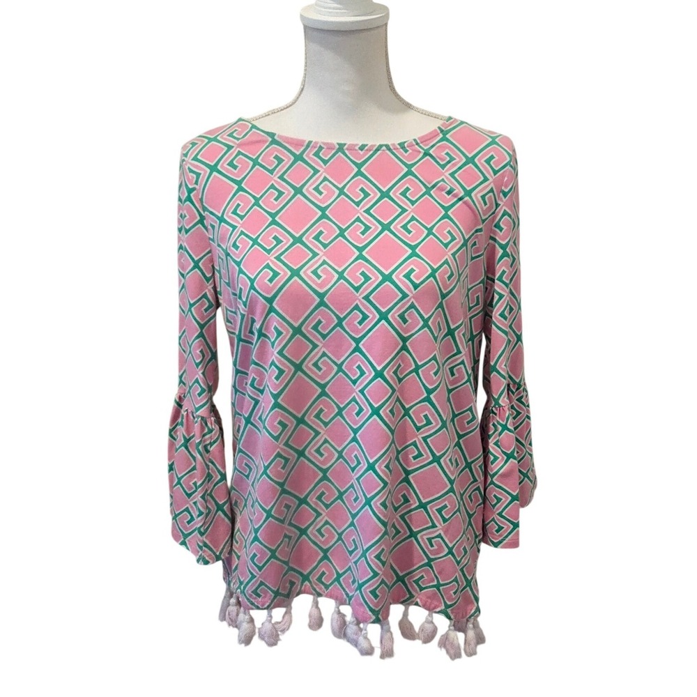 Crown & Ivy Top Cotton Tassel Hem Bell Sleeve Pink Green Geometric Preppy M